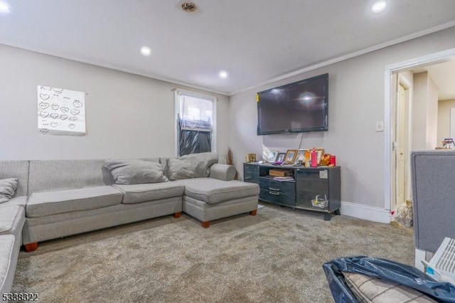 carpeted living room with crown molding