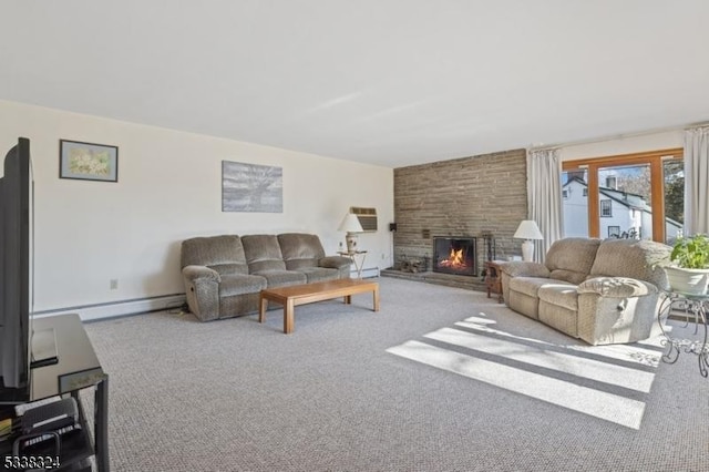 living room with a large fireplace, carpet floors, and a baseboard radiator