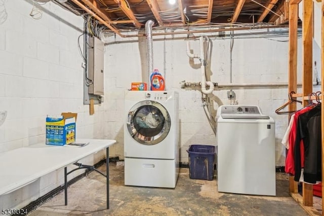 washroom featuring washing machine and dryer, laundry area, and electric panel