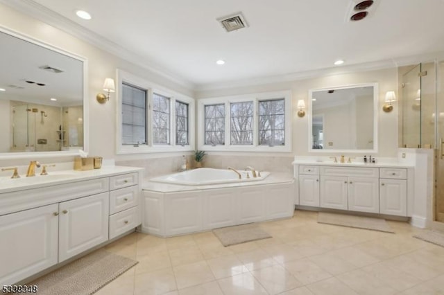 bathroom with a stall shower, ornamental molding, and a sink