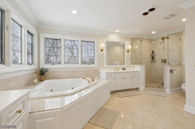 bathroom with a shower stall, crown molding, and vanity