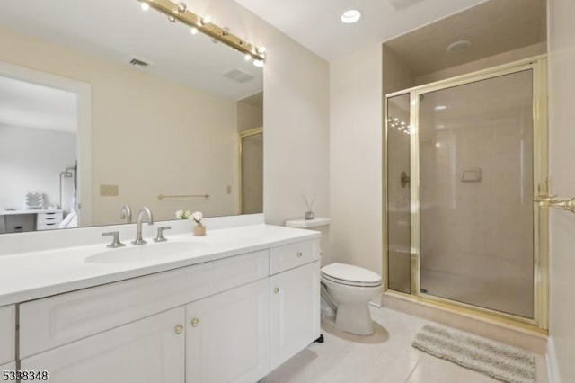 bathroom featuring toilet, a stall shower, and visible vents