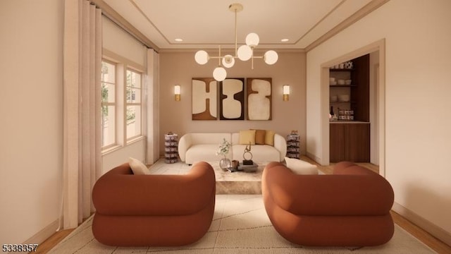 living area featuring baseboards, ornamental molding, and recessed lighting