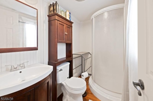 bathroom featuring an enclosed shower, vanity, and toilet