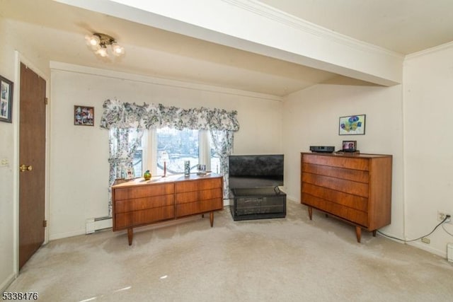 living area with a baseboard heating unit, light carpet, and crown molding