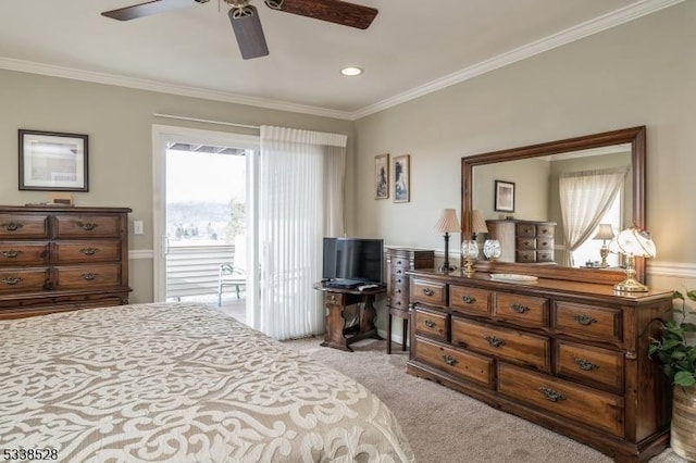 bedroom featuring ornamental molding, access to outside, light colored carpet, and a ceiling fan