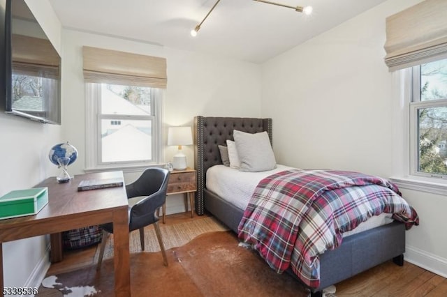 bedroom featuring multiple windows and hardwood / wood-style flooring