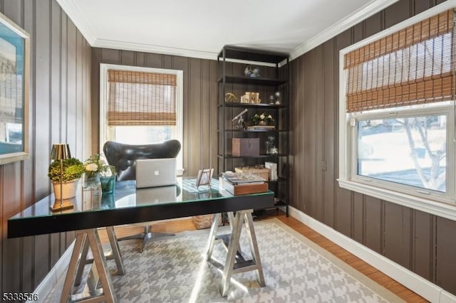 office with crown molding, hardwood / wood-style floors, and wooden walls