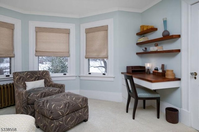 interior space featuring ornamental molding, baseboards, light carpet, and radiator heating unit