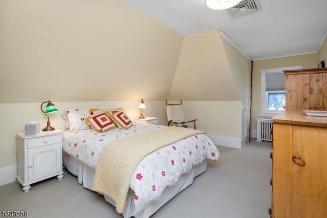 bedroom with light carpet, visible vents, baseboards, vaulted ceiling, and radiator