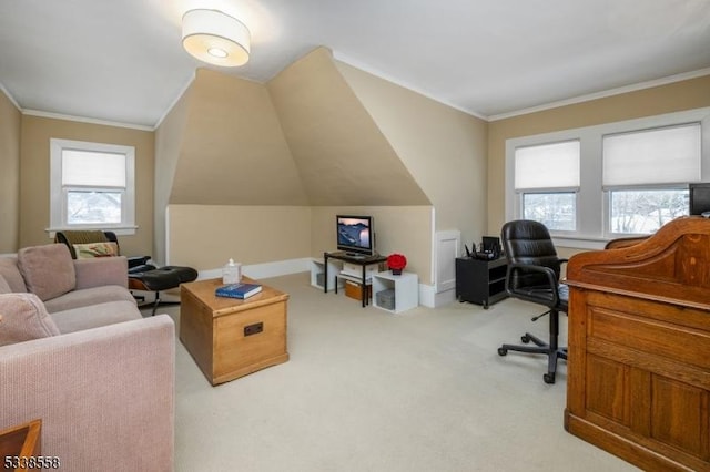 office featuring crown molding, plenty of natural light, baseboards, and light colored carpet