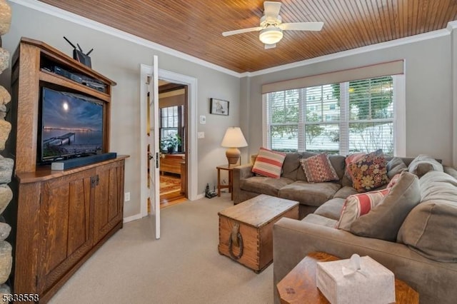 living room with light carpet, wood ceiling, and crown molding