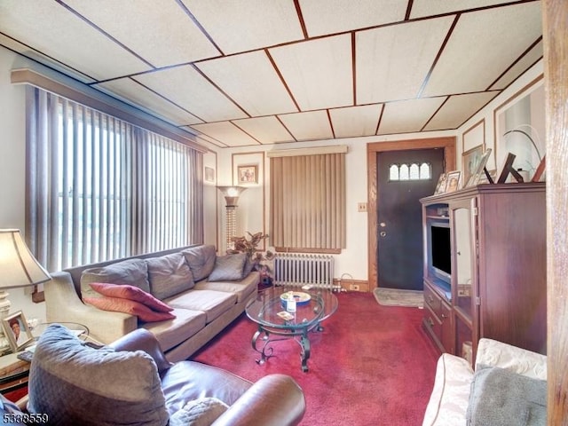 carpeted living room with radiator