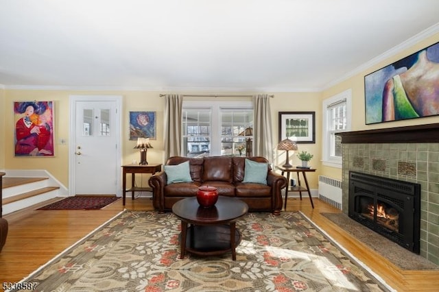 living area with radiator heating unit, a fireplace, wood finished floors, and a wealth of natural light