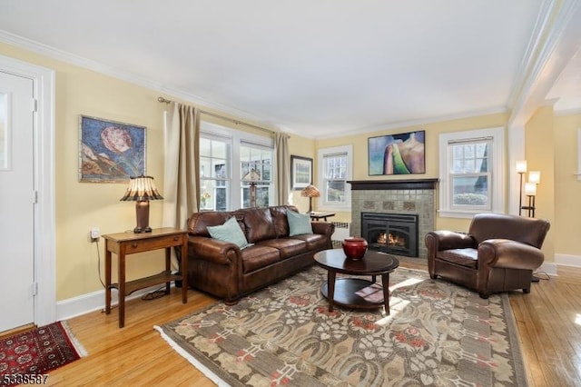 living room with a healthy amount of sunlight, a fireplace, and ornamental molding