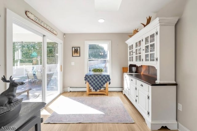 doorway to outside with light wood-type flooring, a skylight, and a wealth of natural light