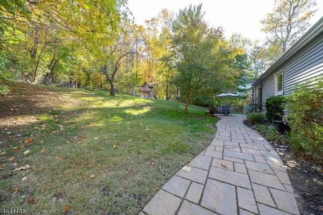 view of yard with a patio area and a playground