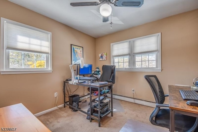 carpeted home office with ceiling fan, a healthy amount of sunlight, and baseboard heating