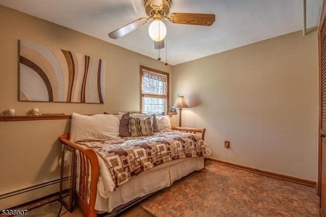 bedroom featuring ceiling fan and baseboard heating