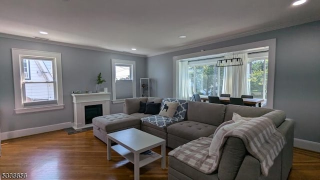 living room with crown molding, a healthy amount of sunlight, and baseboards