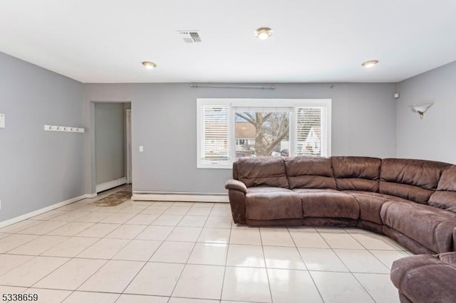 tiled living room with baseboard heating