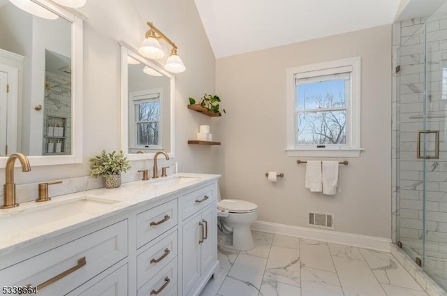 full bathroom with marble finish floor, visible vents, a sink, and baseboards