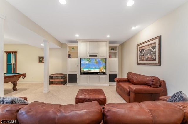 living area featuring light carpet, billiards, baseboards, built in features, and recessed lighting