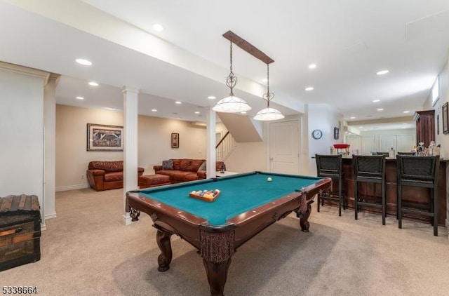 game room featuring indoor wet bar, recessed lighting, pool table, and light colored carpet