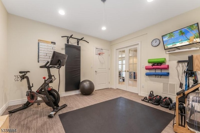 exercise room with recessed lighting, french doors, visible vents, and baseboards