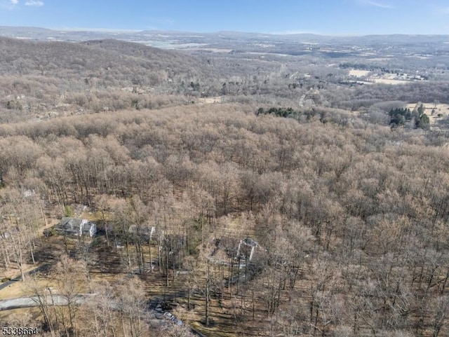 aerial view featuring a wooded view and a mountain view