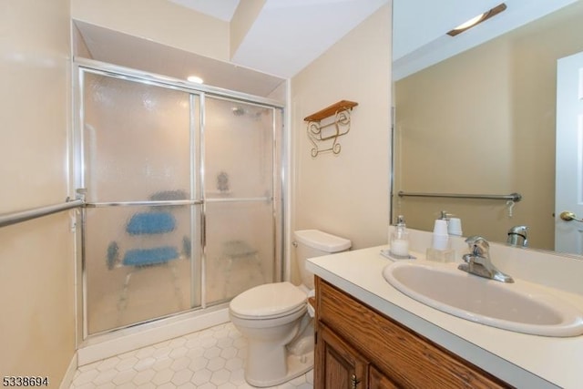 345 Center Grove Rd, Randolph Twp, NJ 07869 - bathroom with toilet, a shower with door, and vanity