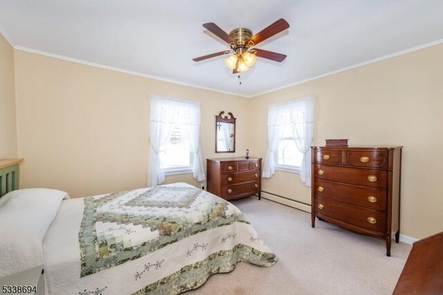 345 Center Grove Rd, Randolph Twp, NJ 07869 - carpeted bedroom with baseboard heating, ornamental molding, and ceiling fan