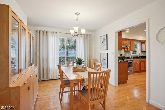 dining space with a chandelier, a healthy amount of sunlight, baseboards, and light wood-style floors