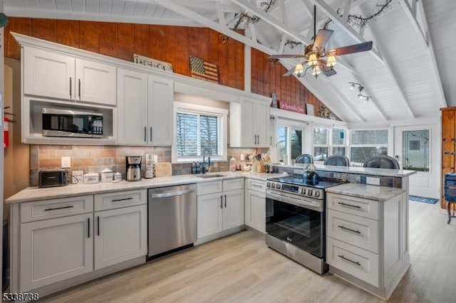 kitchen featuring stainless steel appliances, backsplash, light wood-style flooring, a sink, and a peninsula