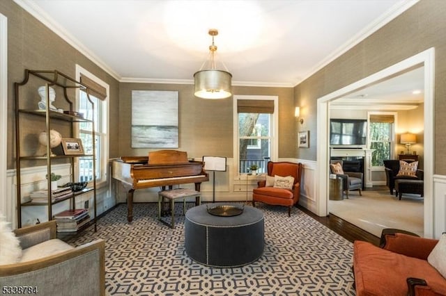 living area featuring crown molding, wainscoting, a fireplace, and a healthy amount of sunlight