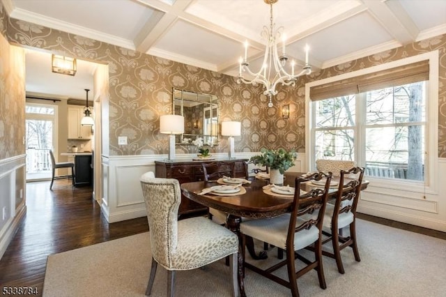 dining room with dark wood-style floors, a wealth of natural light, a wainscoted wall, and wallpapered walls