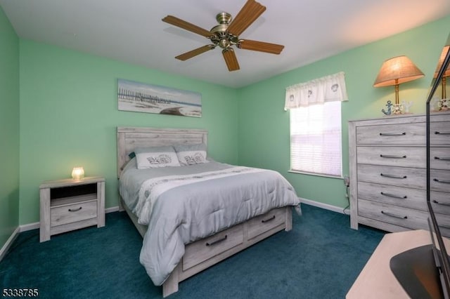 carpeted bedroom with ceiling fan