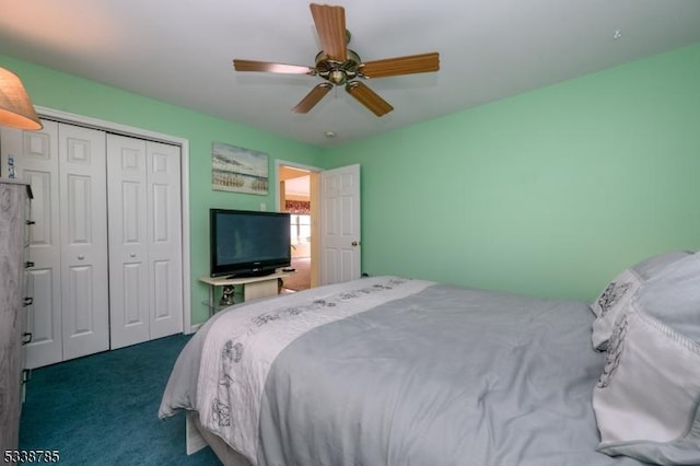 bedroom with dark carpet, a closet, and ceiling fan