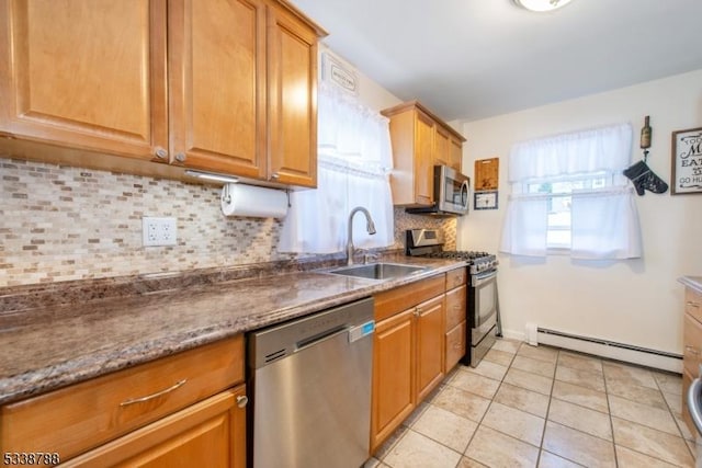 kitchen with dark stone countertops, sink, backsplash, a baseboard heating unit, and stainless steel appliances