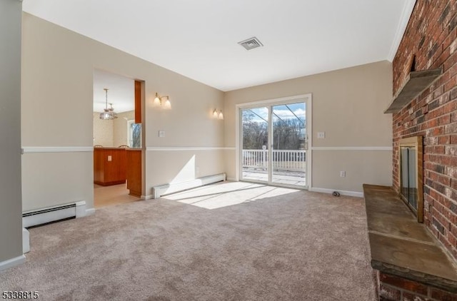 unfurnished living room featuring light carpet, visible vents, baseboards, a baseboard radiator, and a brick fireplace