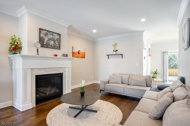 living room featuring dark hardwood / wood-style flooring, a premium fireplace, and crown molding