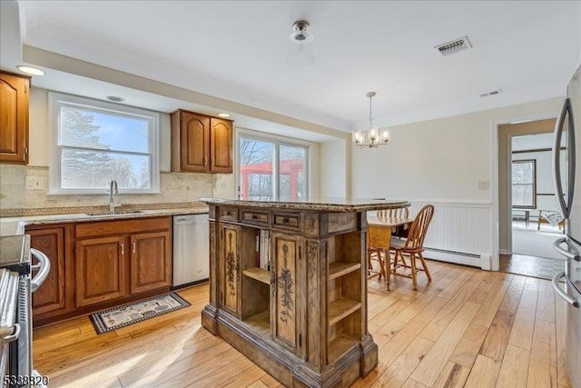 kitchen featuring visible vents, dishwasher, wainscoting, open shelves, and a sink