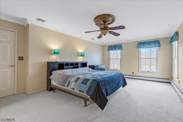 bedroom with visible vents, a ceiling fan, a baseboard radiator, crown molding, and carpet flooring