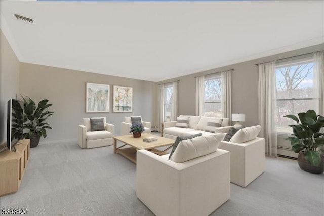 living room featuring visible vents, light carpet, and baseboard heating