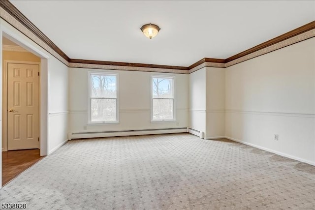 unfurnished room with carpet floors, baseboards, crown molding, and baseboard heating