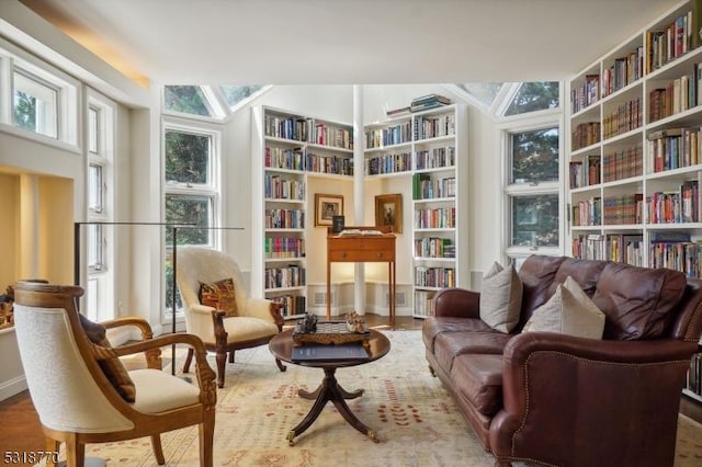 living area with wall of books and built in shelves