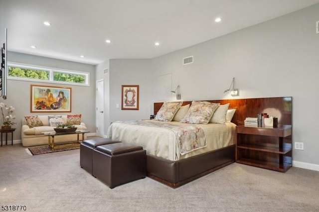 bedroom featuring light carpet, recessed lighting, visible vents, and baseboards