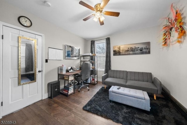 office area with ceiling fan, wood finished floors, and baseboards