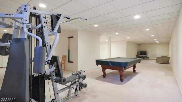 playroom with light carpet, pool table, a drop ceiling, and recessed lighting