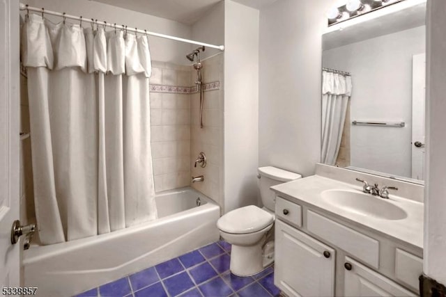 bathroom with toilet, shower / tub combo, tile patterned floors, and vanity